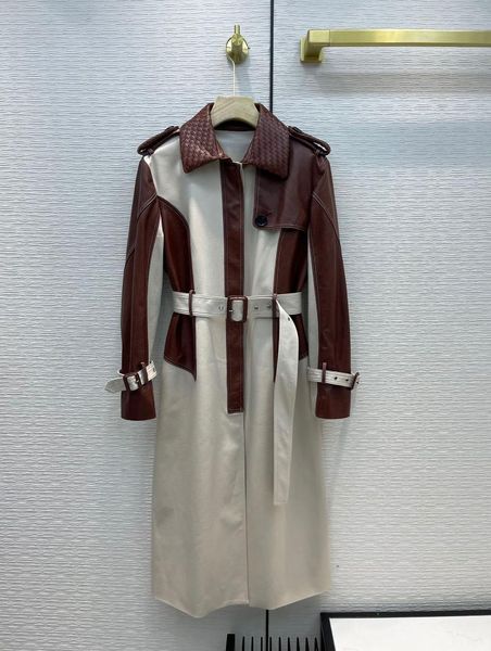 

women's trench coats high-end clothing sheepskin windcheater autumn contrast stitching slim fit design long overcoat 56135, Tan;black