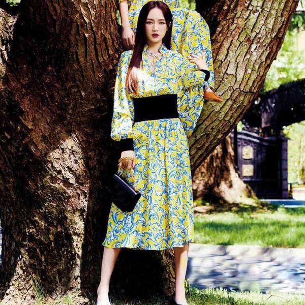 

casual dresses vintage runway designers maxi for women 2021 summer elegant floral printed long sleeve midi dress vestido de mujer, Black;gray