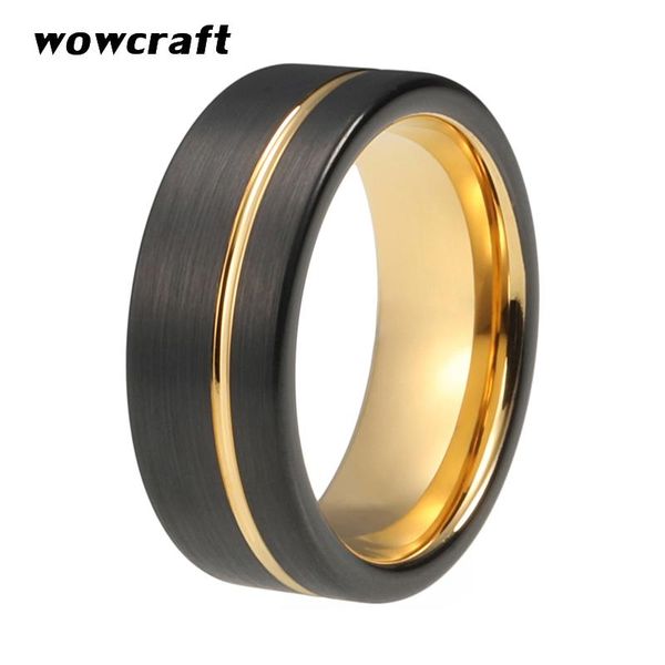 

cluster rings black and gold mens womens tungsten carbide ring wedding band matte finish pip cut comfort fit offset grooved gift anniversary, Golden;silver