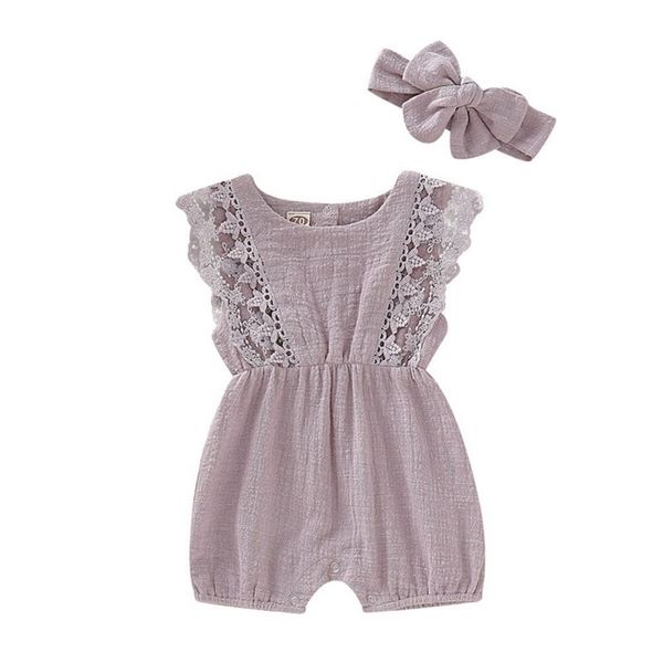 

summer born girls rompers set flare sleeve solid print lace design romper jumpsuit with headband s 211101, Blue