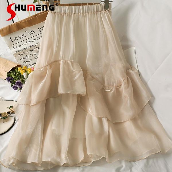 

skirts 2021 summer ruffled stitching elastic waist slimming midi organza ladies skirt women glossy western style fashion long, Black