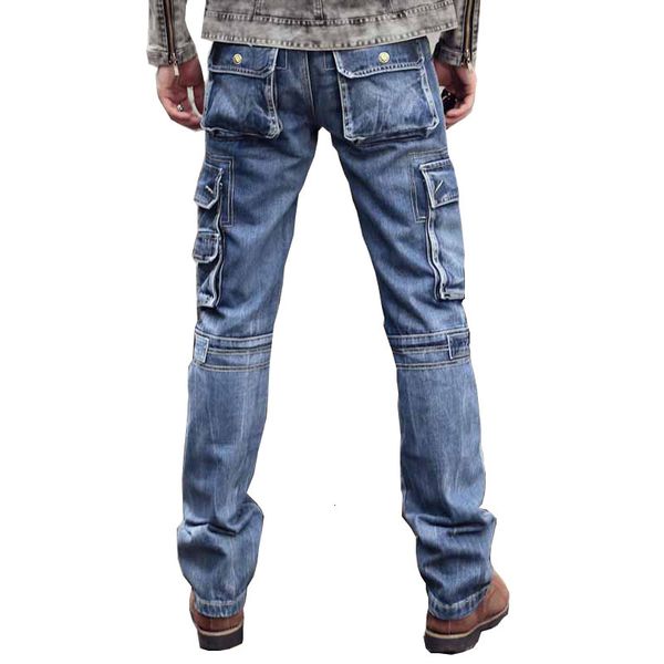 

men's jeans men cargo casual pants multi pockets outdoor denim trousers for male washed size 29-38 jcfl, Blue