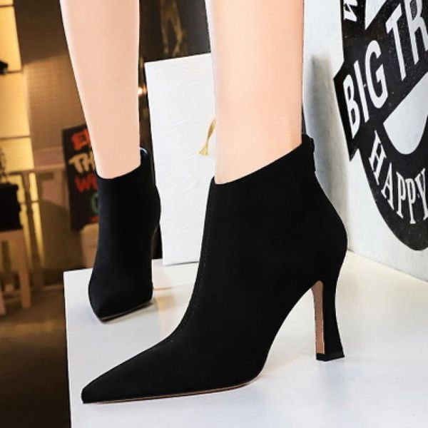 

boots fashion winter women's keep warm booties women zipper solid color pointed toe lady high heels casual party female ankle, Black