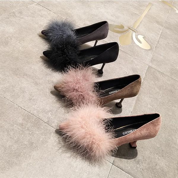 

dress shoes thin high heels slip on real fur pointed toe shallow solid velvet ladies femme party pumps comfy brief footwear, Black