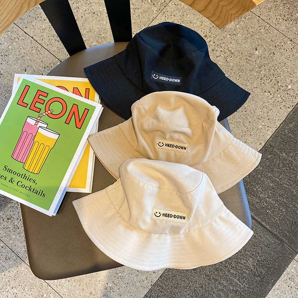 

children's korean version versatile smile letter fisherman's hat women's fashion brand show face small spring travel leisure, Blue;gray