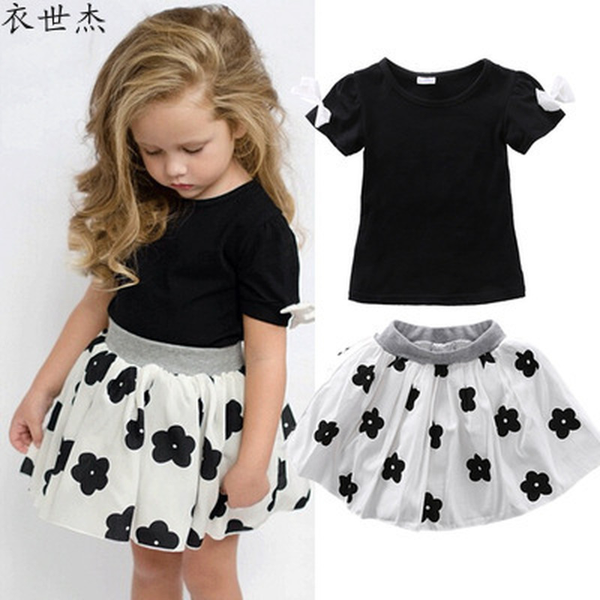 

childrens clothing 2022 summer girls fashion and comfortable short-sleeved t-shirt fluffy short skirt suit, White