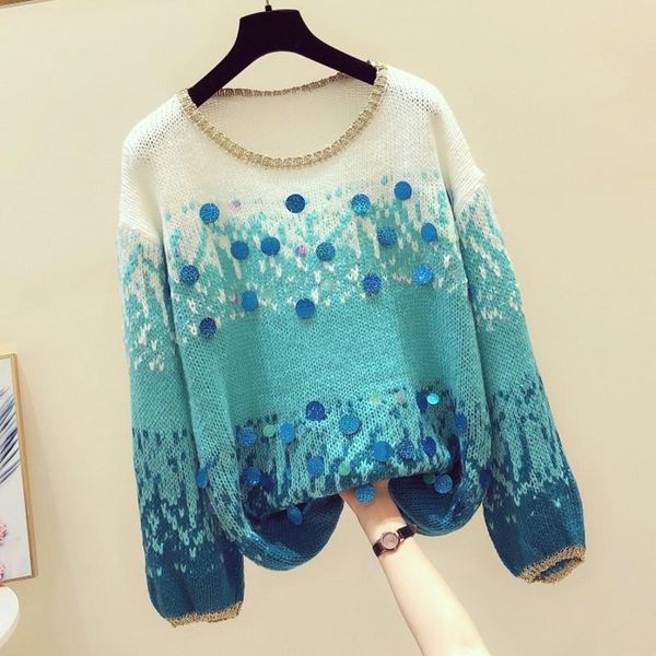 

women's sweaters sequined blue knitted women sweater pullovers autumn 2021 loose o-neck long-sleeved female pulls tees, White;black