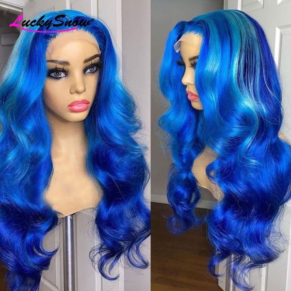 

lace wigs body wave front human hair for women pre plucked brazilian remy highlight blue colored wig hd transparent, Black;brown