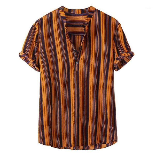 

men's casual beach shirts summer plus size button stand collar strip print short sleeve blouse l704, White;black