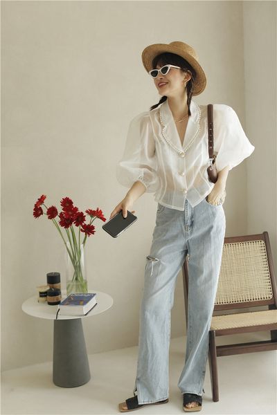 

2021 new bead vintage sleeve transparent korean blouse women summer shirt lapel designer see through fashion 31s4, White