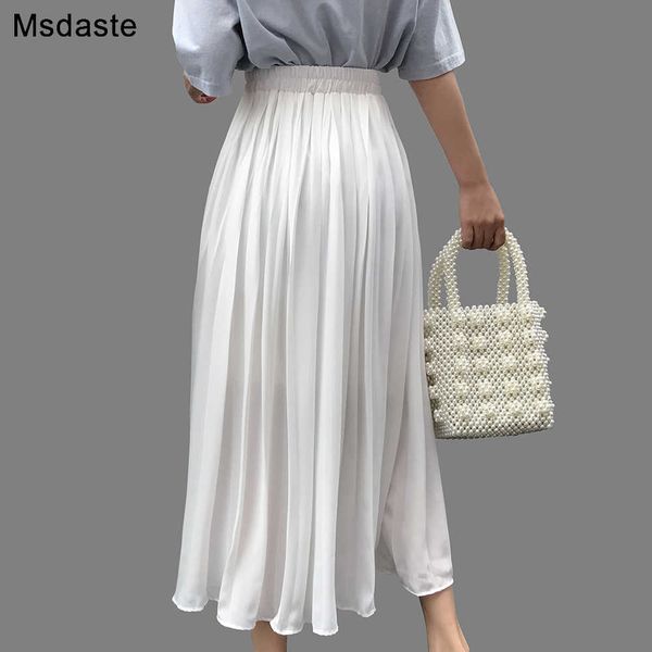 

women chiffon pleated skirts vintage high waist elegant black white long female ladies 2021 summer wear style jupe femme skirt