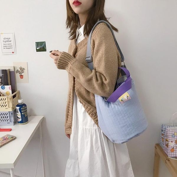 

2021 cotton bucket bag striped quilting design shoulder bags cross body drawstring small tote warm canvas hangbag for ladies