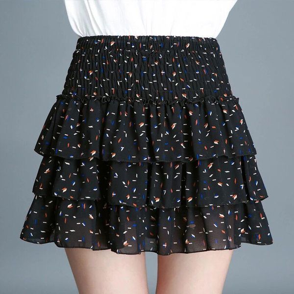 

skirts summer college style female student mini skirt printed chiffon cake anti-glare small fresh woman, Black