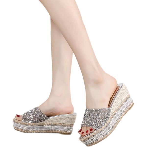 

dress shoes female models summer slope with thick lower waterproof sandals rhinestone slippers, Black