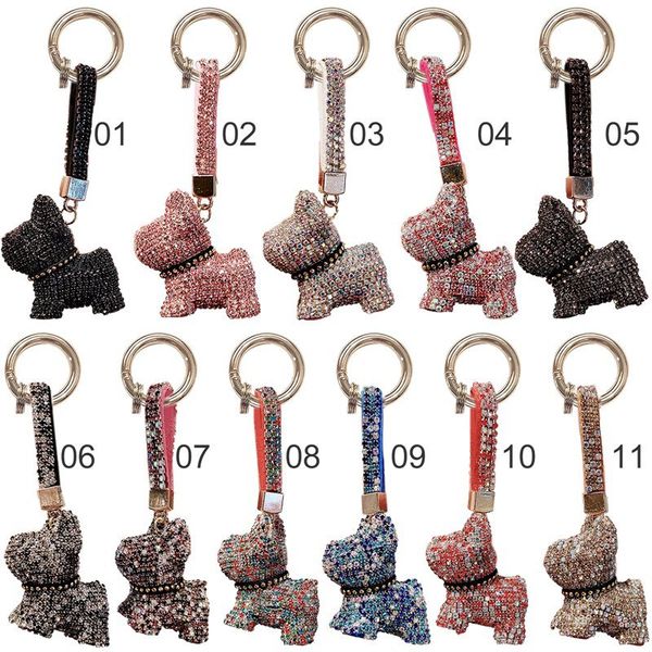 Luxus Kristall Französisch Bulldog Schlüsselbund Lanyard Strass Lederband Hund Schlüsselanhänger Frauen Tasche Charme Männer Auto Schlüssel Ring Schmuck