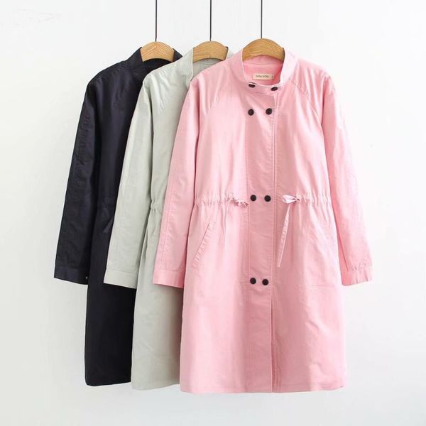 

women's trench coats plus size stand collar cotton women 2021 office lady double breasted adjustable waist solid black pink long coat f, Tan;black