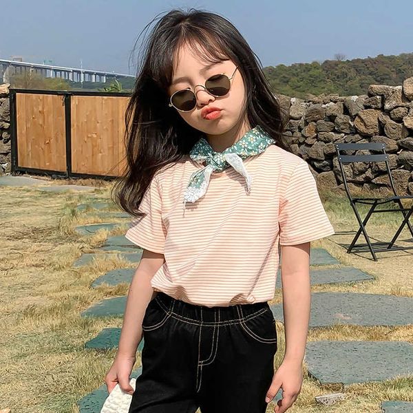 

summer 2021 girls' striped short sleeve t-shirt children's, Black;white