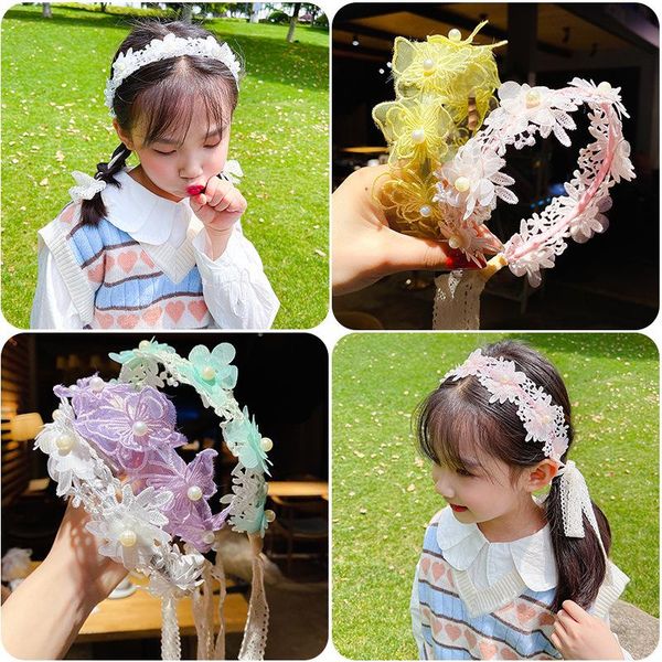 

hair accessories lace butterfly hairbands fashion girl diy long streamer ribbon hoop ponytail band children, Slivery;white