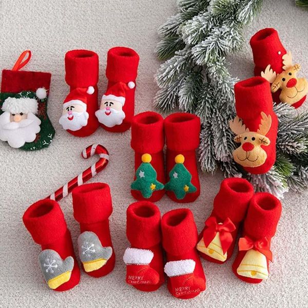 

socks 0-3 years infant baby winter warm cotton santa claus anti slip thicken floor kids toddler for boys girls xmas gifts, Pink;yellow