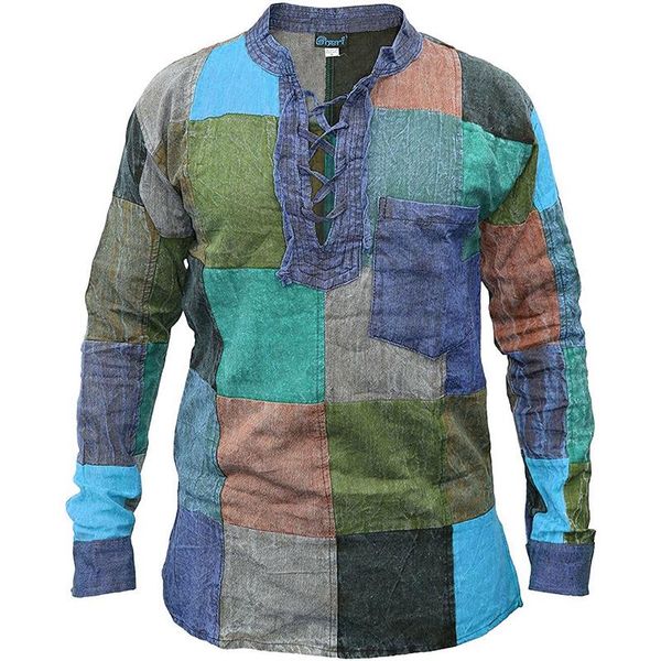 

men's casual shirts vintage color block patchwork long sleeve for men lace-up stand collar 2021 autumn mens harajuku streetwear, White;black