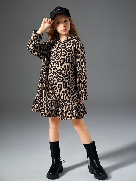 

girls leopard drop shoulder hooded ruffle hem dress she, Red;yellow