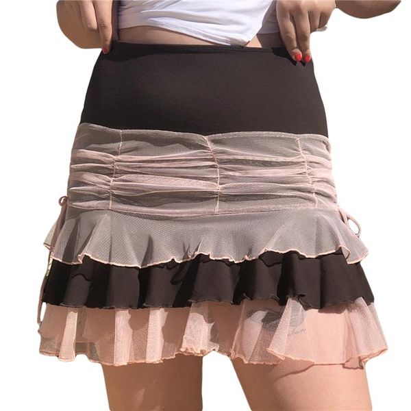 

skirts 2021 summer women's ruched bodycon mini skirt high waist mesh patchwork layered ruffle hem short, Black