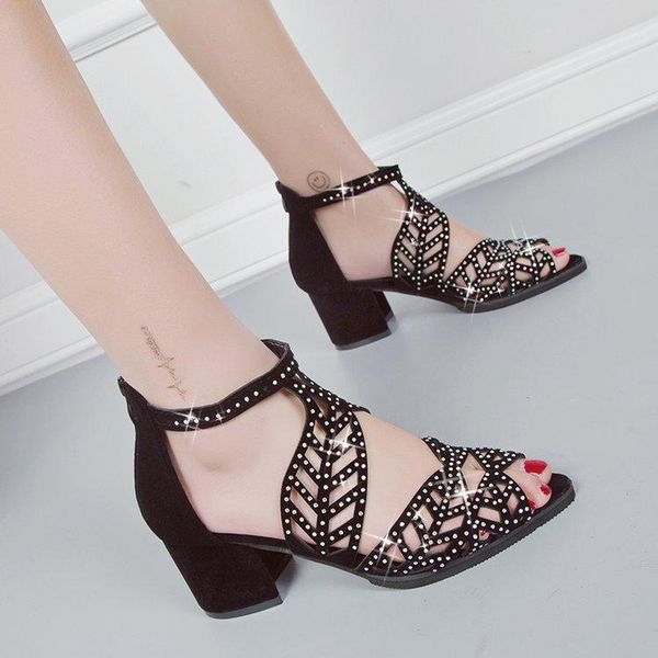 

sandals women summer hollow out faux leather rhinestones peep toe shoes thick heel fashion zipper, Black
