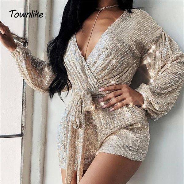 

women's jumpsuits & rompers townlike sequin playsuits women deep v neck party womens jumpsuit with belt loose for 2021, Black;white