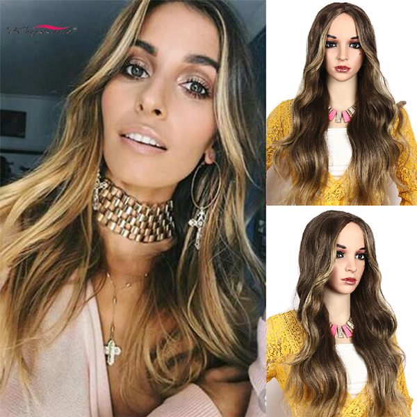 

long curly hair with wig for women large wave curl synthetic hair womens wig golden brown mixed color dyeing gradient, Black