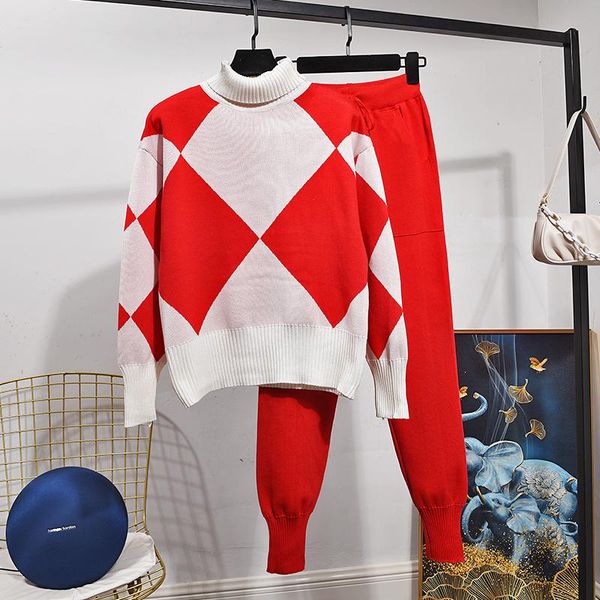 

winter new 2 piece set women fashion contrast plaid turtleneck knitwear + little feet pants 2 piece set knitted suit tide h1005, White