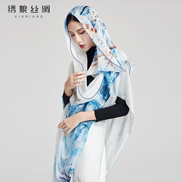 

long scarf enlarged silk scarf mulberry silk authentic sunscreen shawl for women in spring and autumn period, Blue;gray