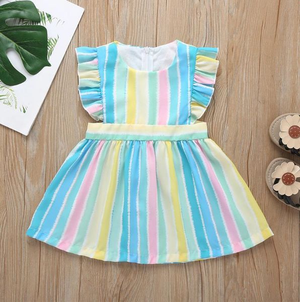 

girl's dresses summer kids dress colorful striped round neck sleeveless one-piece a-line girls casual sundress, Red;yellow