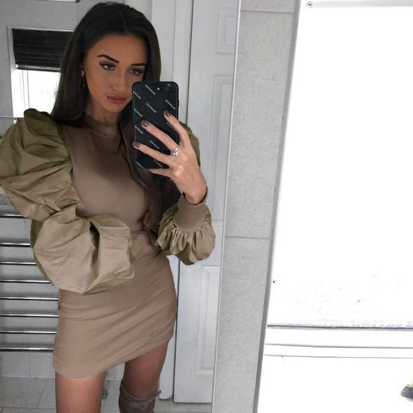 

casual dresses fashion women party dress cross bodycon night club puff sleeve knitted round neck slim pencil, Black;gray