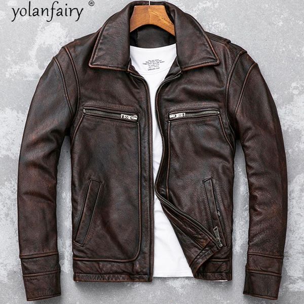 

men's leather & faux fashion jacket men vintage casaul spring motorcycle genuine jackets brown mens clothing cow veste homme, Black