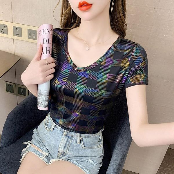 

women's t-shirt colorful plaid t shirt women summer clothes streetwear fashion v-neck short sleeve t-shirts bronzing tshirt femme plus, White