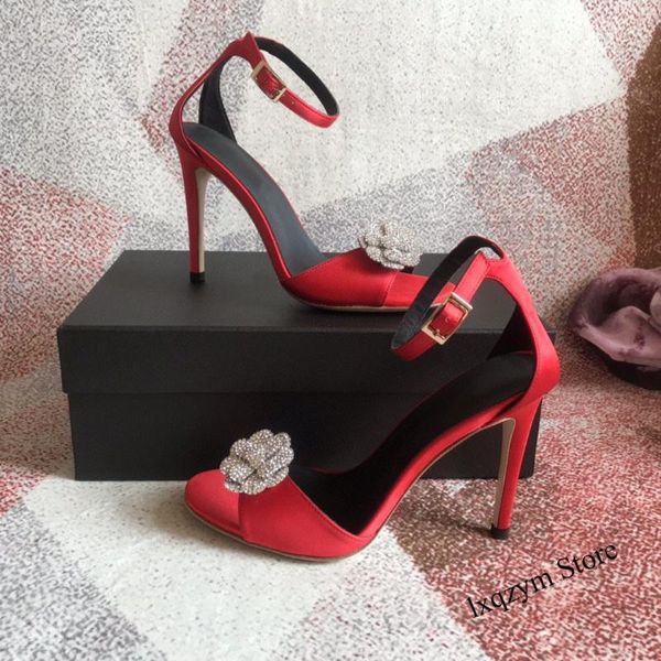 

sandals high heels wedding bridal open toe satin rhinestones ankle buckle strap prom dress women summer shoes brand design, Black