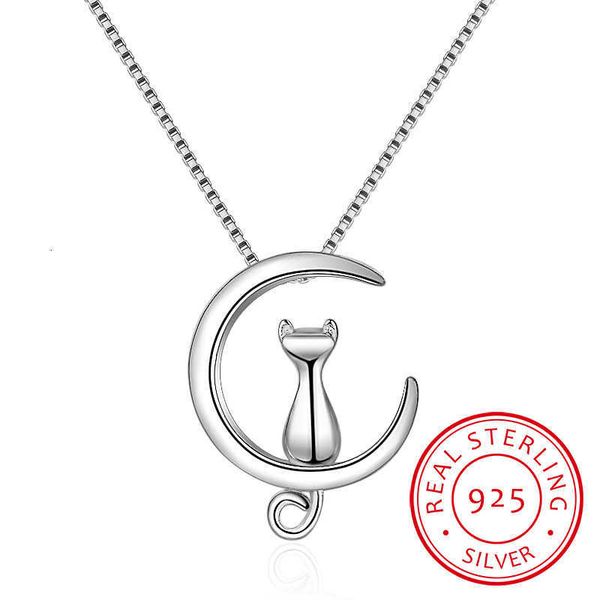 

designer necklace 925 sterling silver for women moon kitten cat s & pendants link chain kolye s-n187