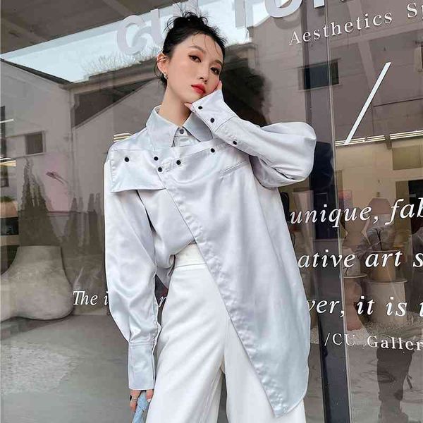 

women's two piece pants designer silver long sleeve shirts for women collared asymmetrical and bloues satin loose shirt fashi, White