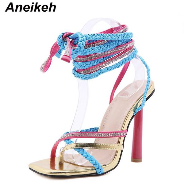 

sandals aneikeh 2021 summer pu women's shoes fashion sweet shallow patchwork narrow band high heels wedding zapatos de mujer, Black