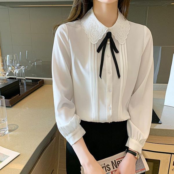 

women's blouses & shirts 2021 spring and summer college style embroidered bow tie white shirt long sleeve loose foreign top