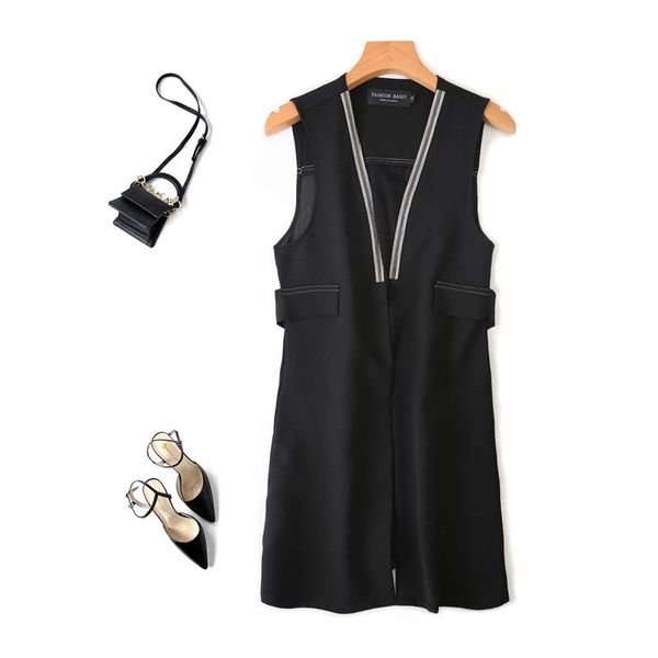 

women's vests v-neck long waistcoat black vest quality great show thin nail bead chiffon coat female spring and summer, Black;white