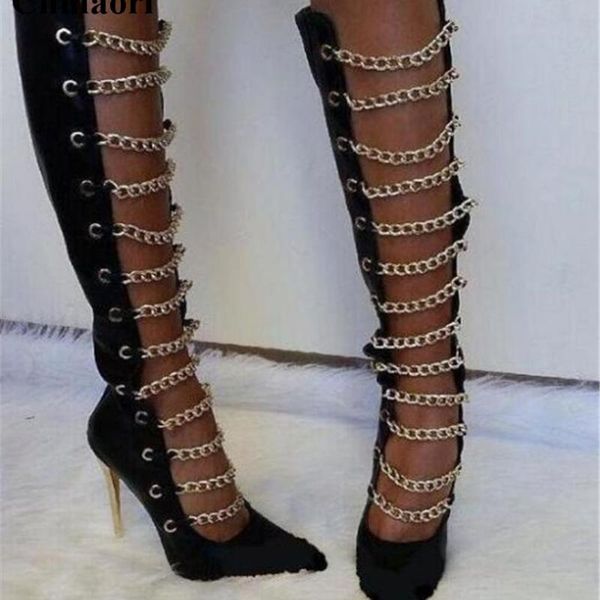 

boots women shoes 2021 gold metal pointed toe knee high black gladiator stiletto heel long dress