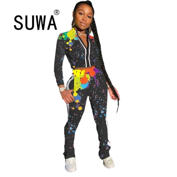 

wholesale product fall winter tie dye zipper long sleeve jacket and skinny stacked harem pants sportswear sweat suit 210525, White