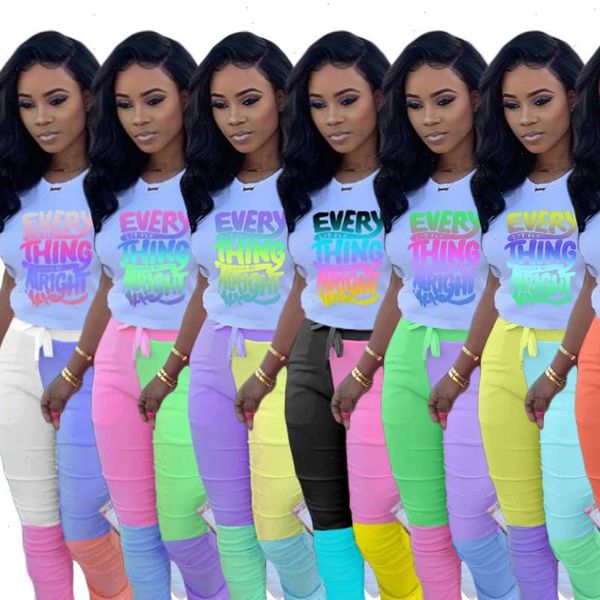 

women letter print tee patchwork stracked bell bottom jogger sweatpant suit two piece set sport matching set outfit, Gray