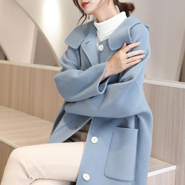 

women's wool & blends 100% cashmere coat women 2021 loose hooded high-end long blue plus size big pockets solid elegant, Black