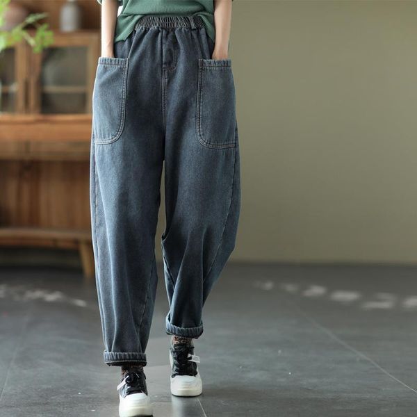 

women's jeans ladies fleece 2021 winter thick elastic waist warm leisure harem casual korean fashion loose women denim trousers, Blue