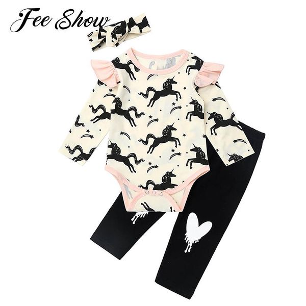 

3pcs infant baby girls outfit clothes cotton long sleeve cartoon print button at crotch romper pants trousers set with headband, White