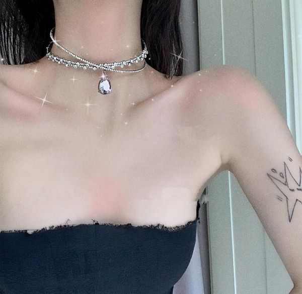 

chokers drop-shaped pendant necklace simple and individual design choker adjustable rhinestone collar luxury advanced, Golden;silver