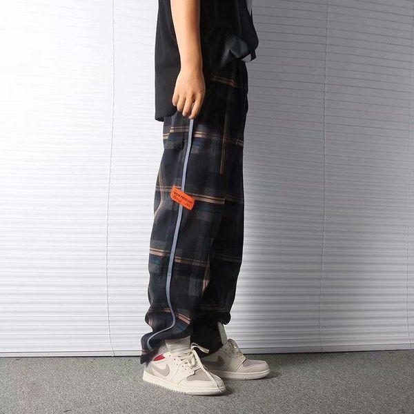 

men's pants spring autumn side stripes lattice splicing casual men street fashion wide leg trousers male training jogging, Black