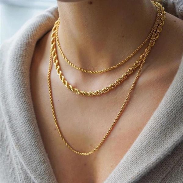 

chains gold color twisted rope chain necklaces for women simple 3mm stainless steel choker minimalist necklace jewelry c022, Silver
